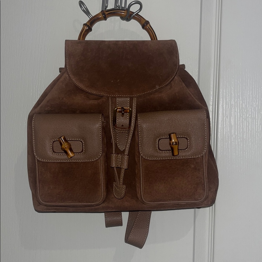 Authentic Gucci Vintage Brown Leather & Bamboo MM Backpack